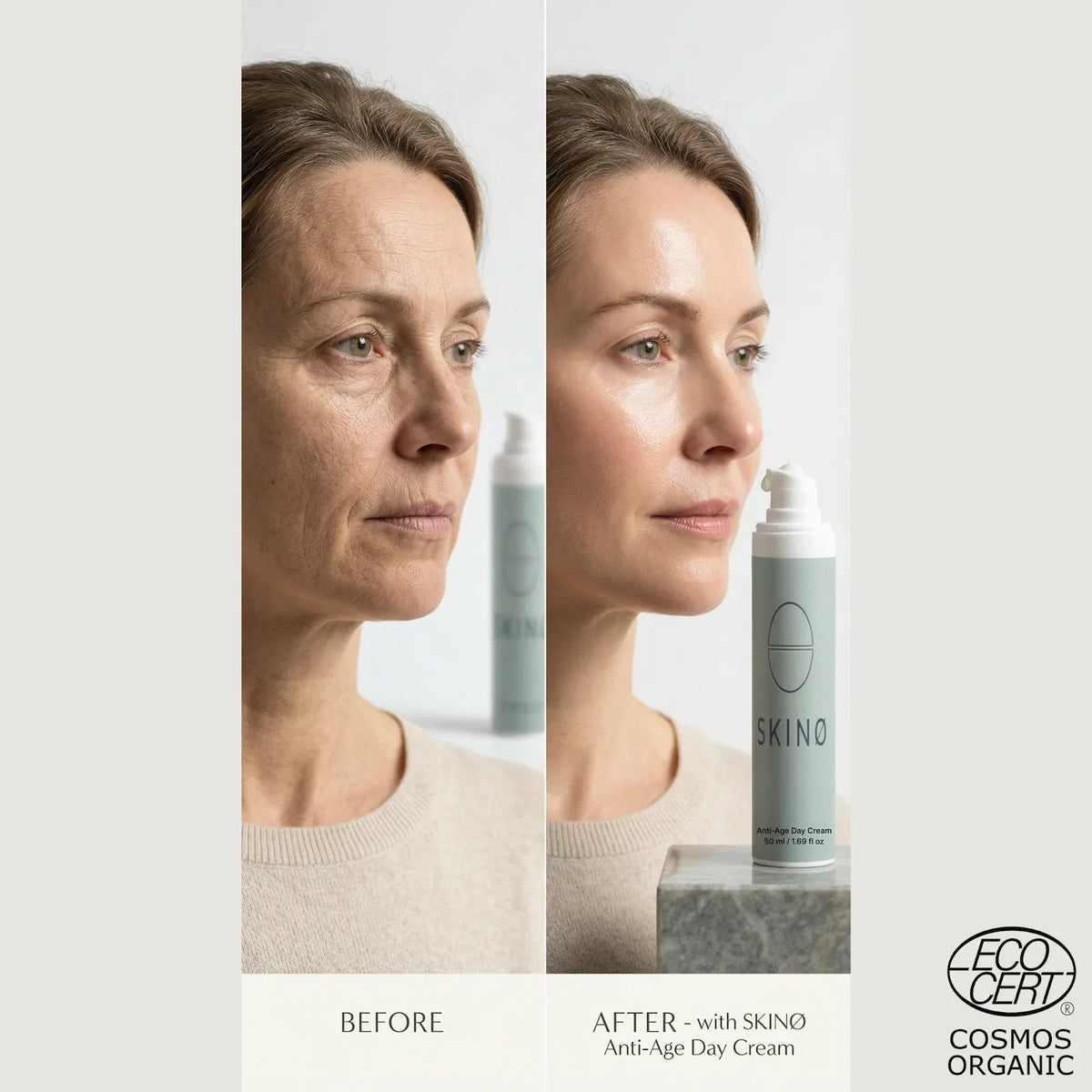 SKINØ Anti-Age Day Cream före och efter – synbart fastare och jämnare hud hos mogen kvinna, ECOCERT dagkräm mot rynkor.
