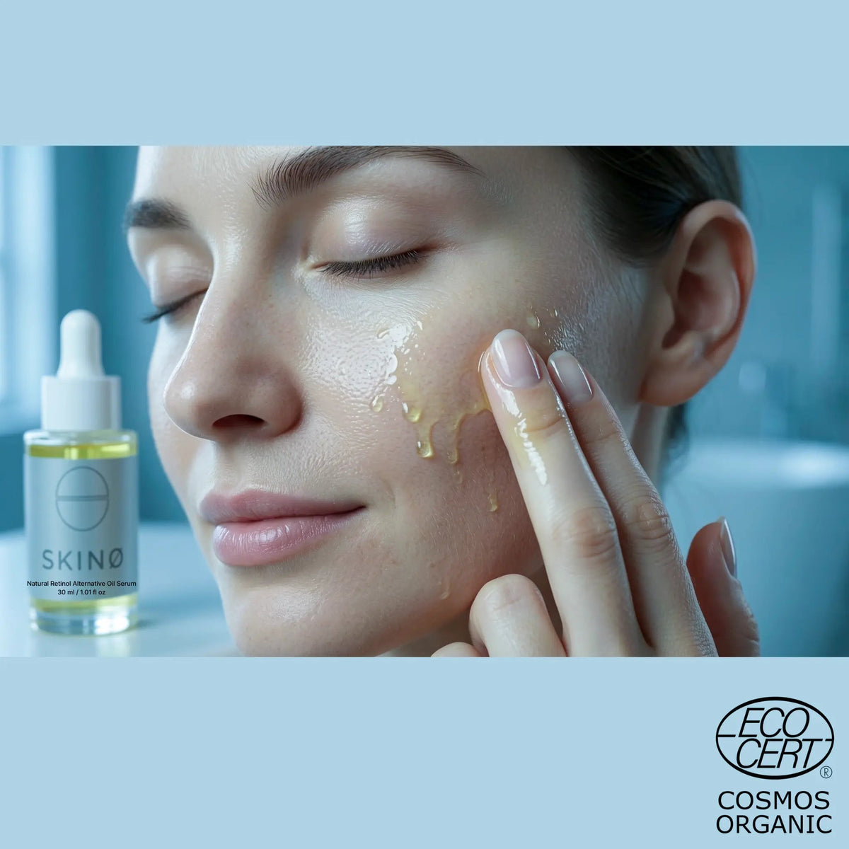 Kvinna applicerar SKINØ Natural Retinol Alternative Oil Serum i ansiktet – veganskt oljeserum för kvällsrutinen