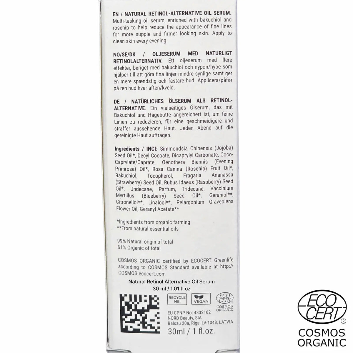 Baksida av kartongen till SKINØ Natural Retinol Alternative Oil Serum med INCI: jojoba, nypon, bakuchiol och blåbärsfröolja