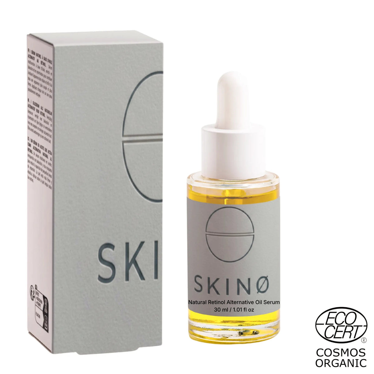 SKINØ Natural Retinol Alternative Oil Serum 30 ml med bakuchiol – flaska och kartong, ECOCERT COSMOS ORGANIC