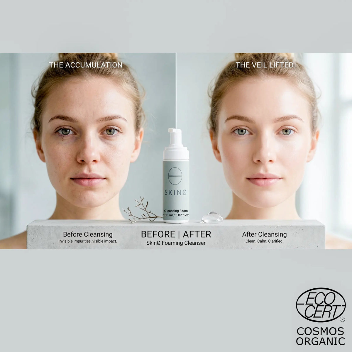 Före‑ och efterbild för SKINØ Foaming Cleanser som visar hur produkten avlägsnar osynliga orenheter och ger ren, klar hud.
