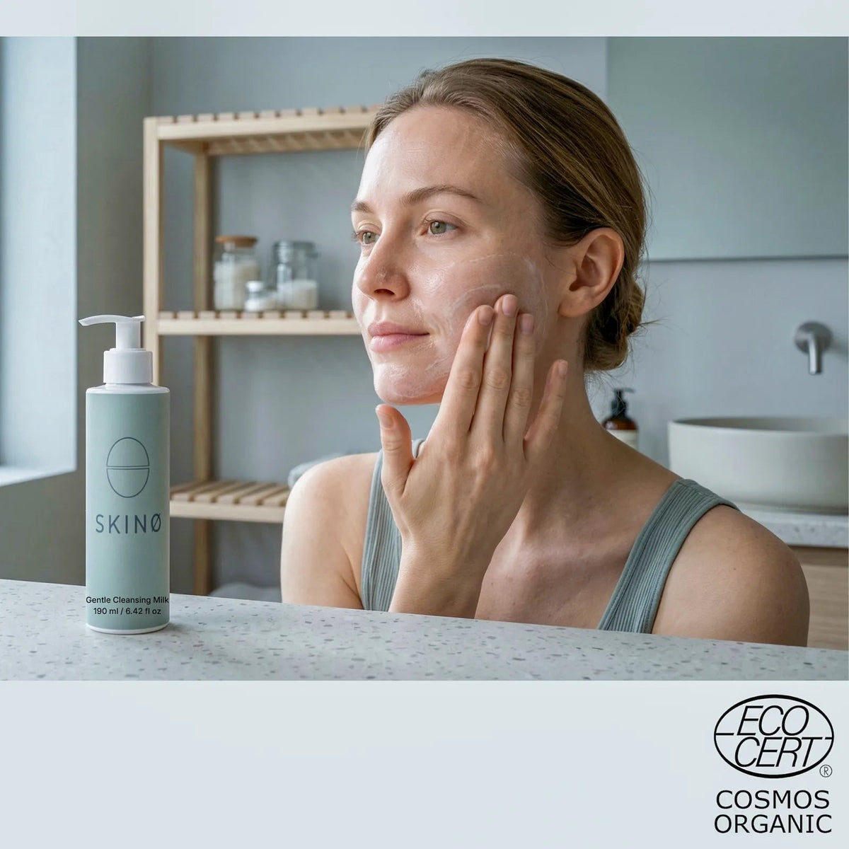 Kvinna masserar in SKINØ Gentle Cleansing Milk i ansiktet – mild ansiktsrengöring som tar bort makeup