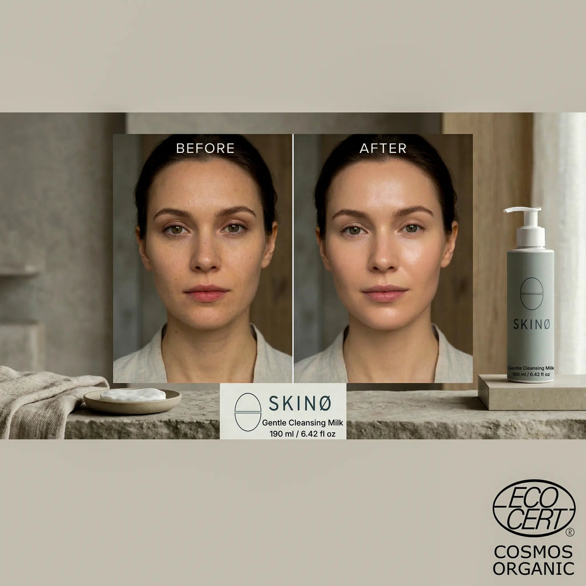 Före och efter-bild av kvinna som använt SKINØ Gentle Cleansing Milk