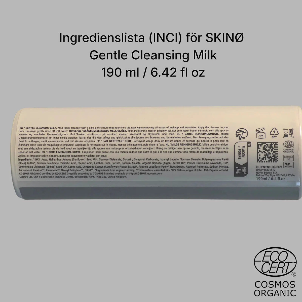 Etikett på SKINØ Gentle Cleansing Milk med INCI-lista: sheasmör, arganolja, avokadoolja och jojobaolja