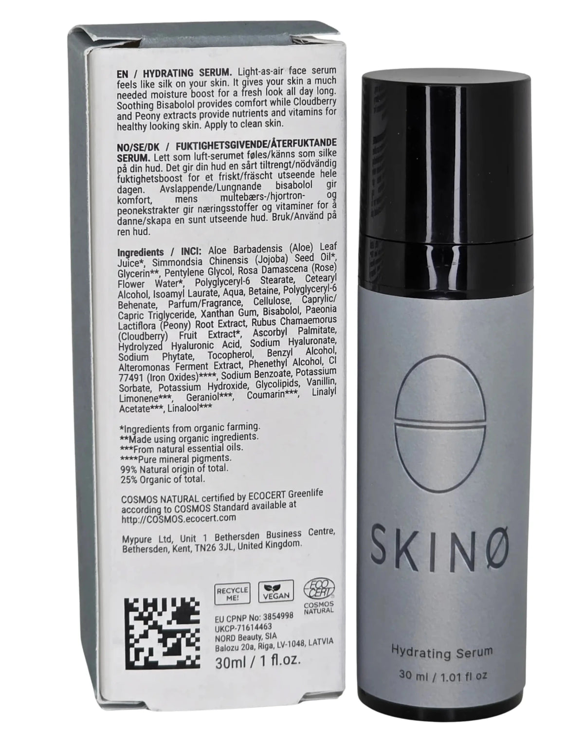 SKINØ Hydrating Serum 30 ml med kartong – lätt fuktgivande serum med ekologiskt hjortronextrakt för torr hud