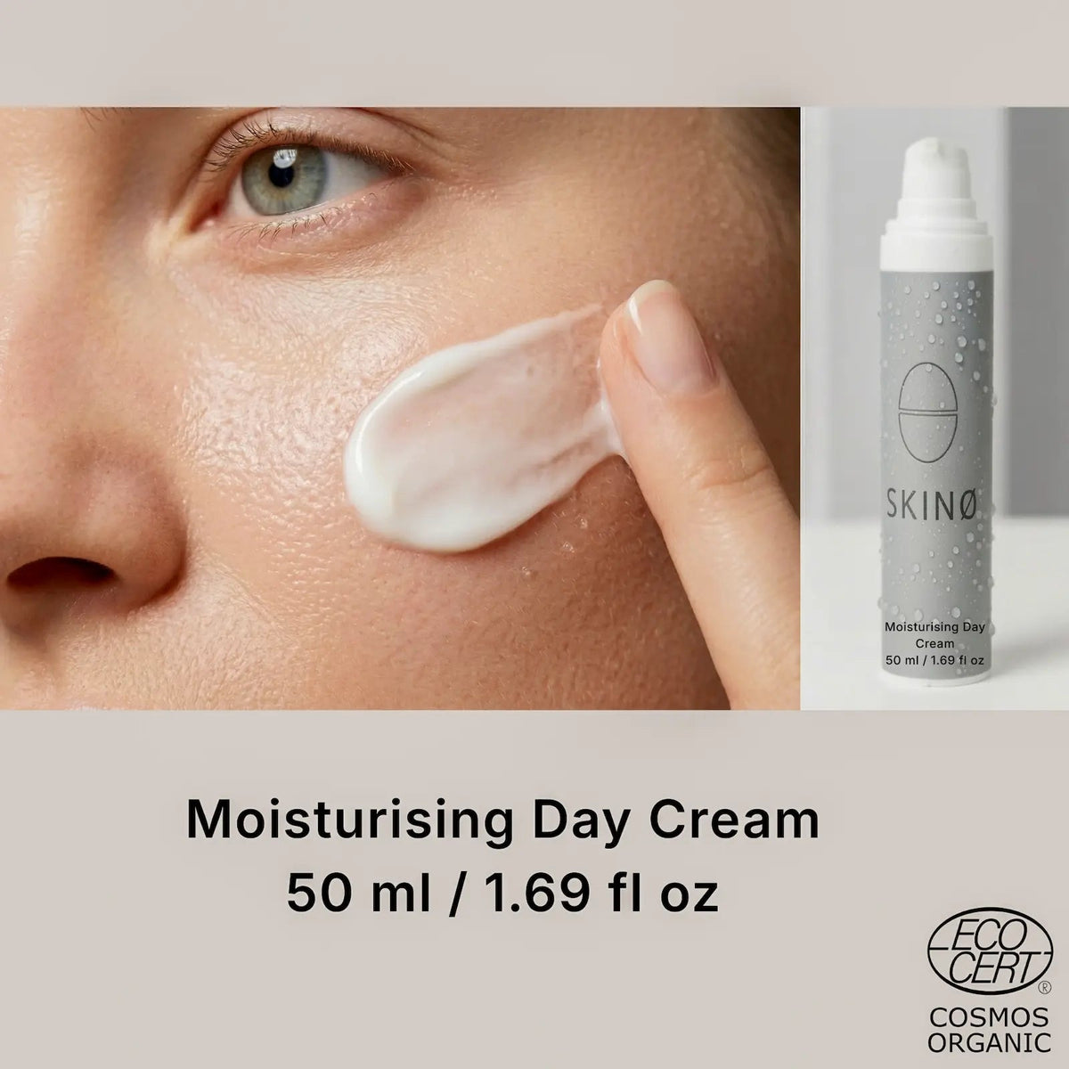 Kvinna applicerar SKINØ Moisturising Day Cream 50 ml på kinden – vegansk återfuktande dagkräm