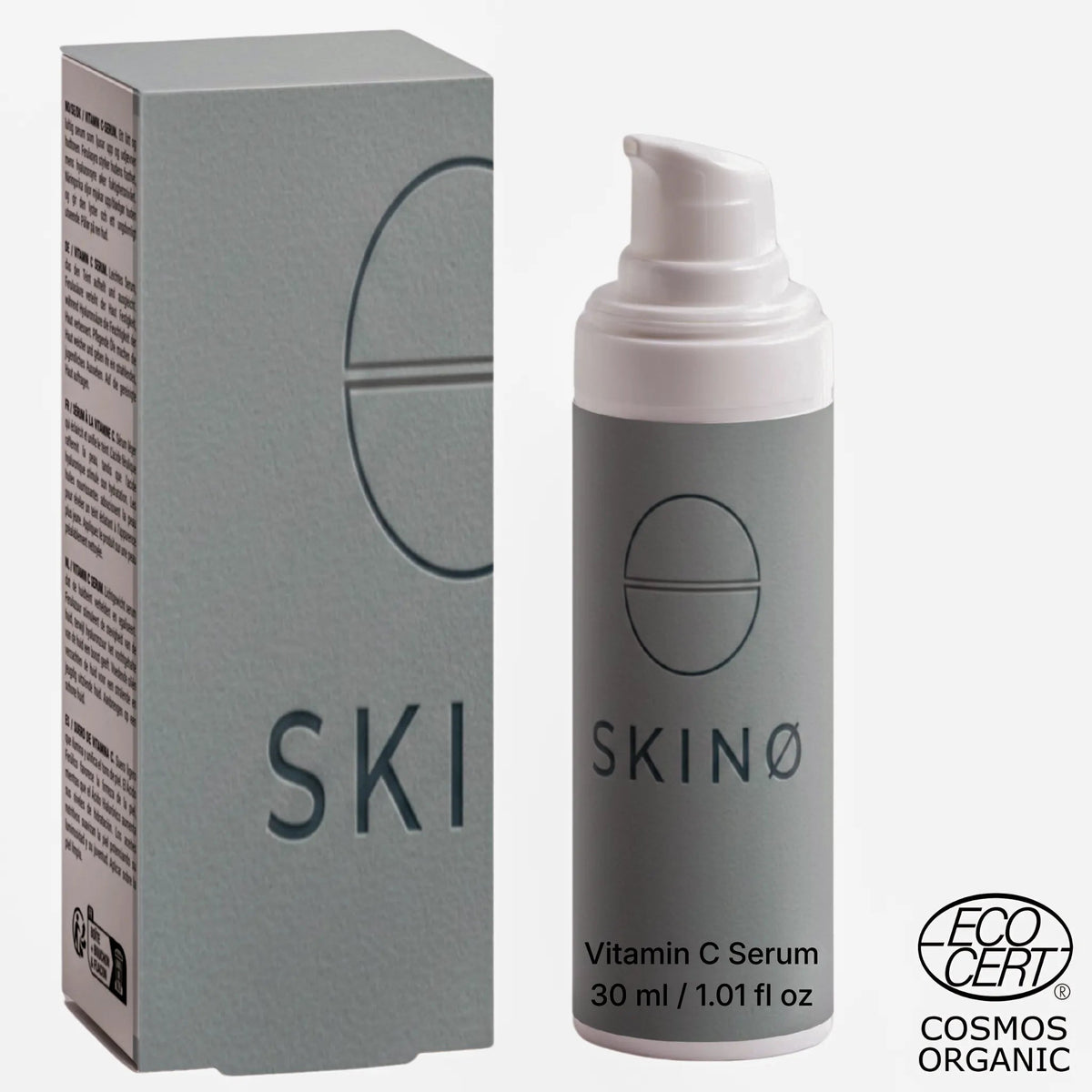 SKINØ Nordic Glow Vitamin C-serum 30 ml – flaska och förpackning, veganskt ansiktsserum, ECOCERT COSMOS NATURAL