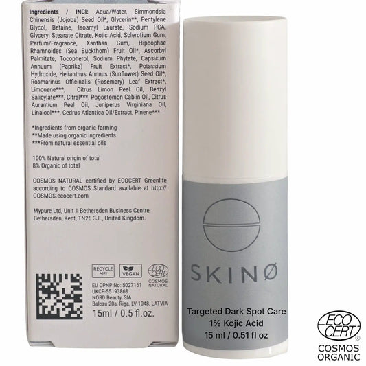 SKINØ Targeted Dark Spot Care 15ml baksida – ingredienslista med kojicsyra, havtornsolja och C-vitamin, COSMOS NATURAL ECOCERT vegansk.