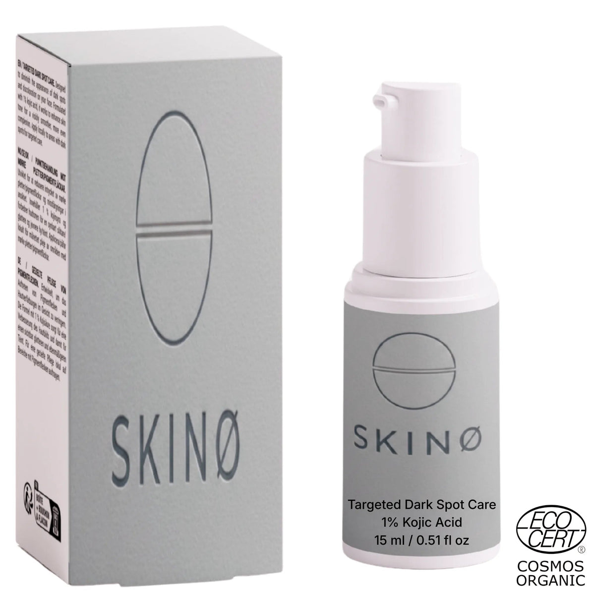 SKINØ Targeted Dark Spot Care 15 ml med 1 % kojicsyra – flaska och förpackning, punktvård, ECOCERT COSMOS NATURAL
