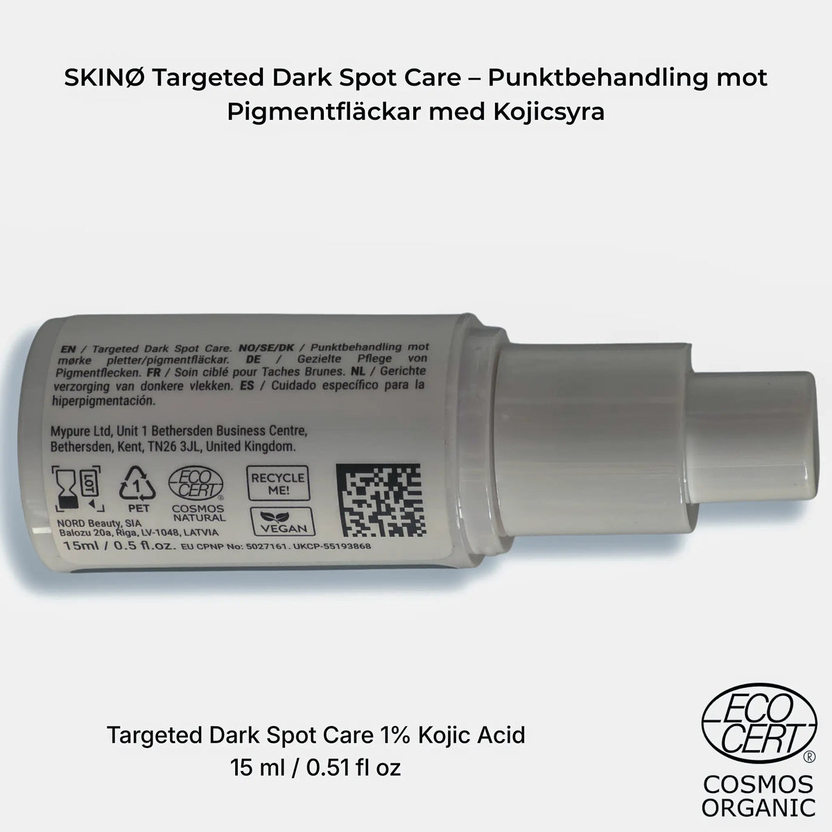 Sidovy av SKINØ Targeted Dark Spot Care 15 ml – flerspråkig etikett med ECOCERT COSMOS NATURAL-logga