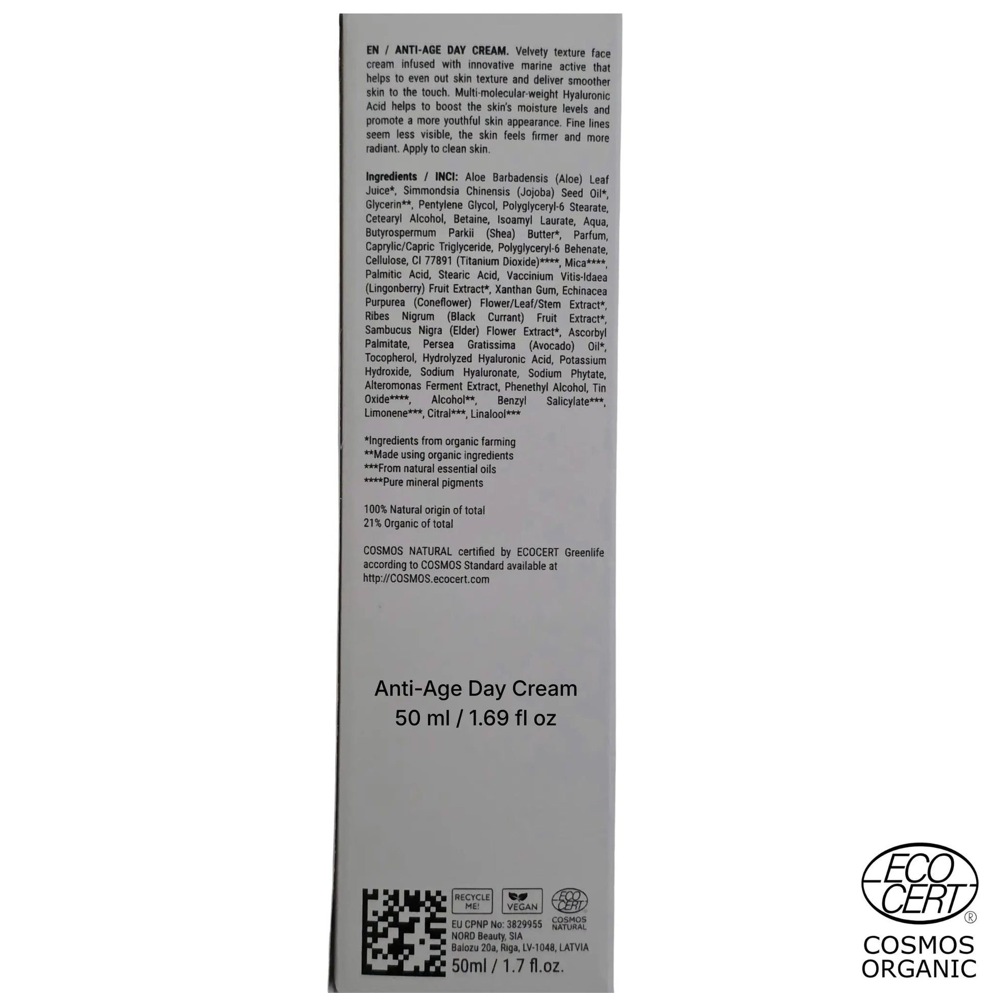 SKINØ Anti-Age Day Cream 50ml baksida – ingredienslista med hyaluronsyra, sheasmör och ECOCERT-certifiering.