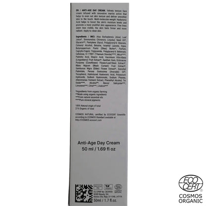 SKINØ Anti-Age Day Cream 50ml baksida – ingredienslista med hyaluronsyra, sheasmör och ECOCERT-certifiering.