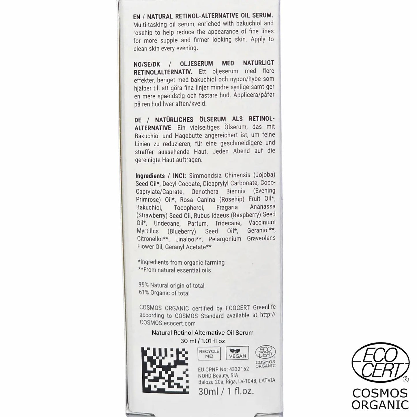SKINØ Natural Retinol Alternative Oil Serum 30ml baksida – ingredienslista med bakuchiol, nyponolja och jojobaolja, 99% naturligt ursprung, COSMOS ORGANIC ECOCERT vegansk.