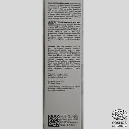 SKINØ Moisturising Day Cream 50ml baksida – ingredienslista med hyaluronsyra, havtornsolja och ECOCERT COSMOS certifiering.