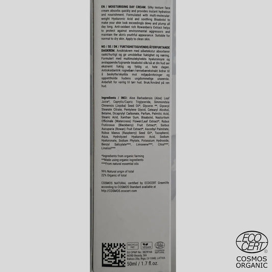 SKINØ Moisturising Day Cream 50ml baksida – ingredienslista med hyaluronsyra, havtornsolja och ECOCERT COSMOS certifiering.