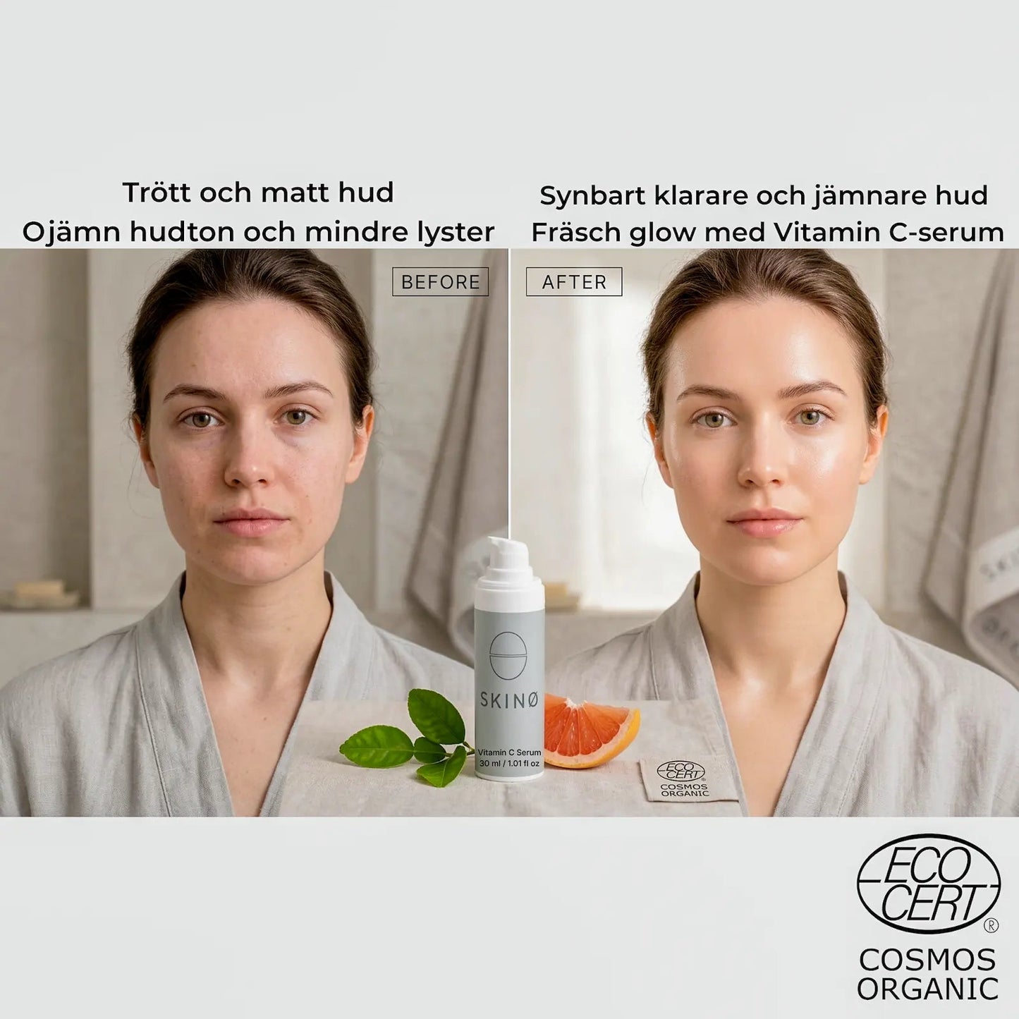 SKINØ Nordic Glow Serum vitamin C serum resultat – before and after med synbart klarare, jämnare och mer strålande hud, fräsch glow och jämnare hudton med vitamin C och hyaluronsyra.