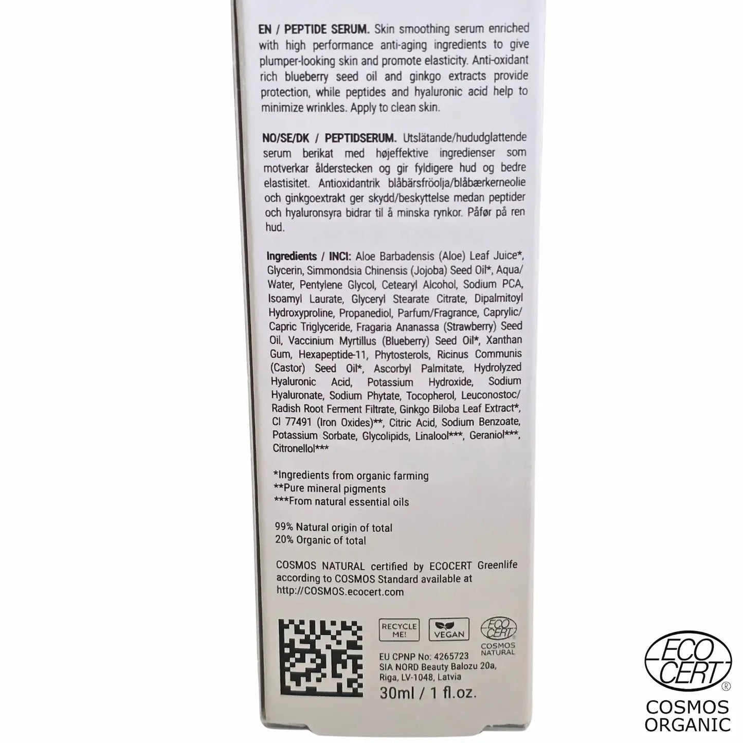 SKINØ Peptide Anti-Aging Serum 30ml – ECOCERT vegansk hudvård med Hexapeptide-11 och ingredients.