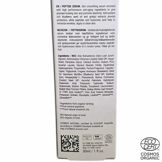 SKINØ Peptide Anti-Aging Serum 30ml – ECOCERT vegansk hudvård med Hexapeptide-11 och ingredients.