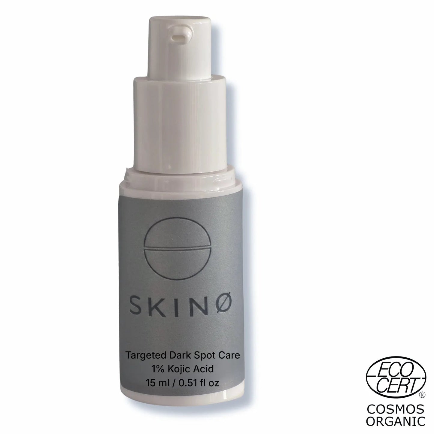 SKINØ Targeted Dark Spot Care 15ml med 1% kojicsyra – punktbehandling mot pigmentfläckar och mörka fläckar, ECOCERT COSMOS ORGANIC vegansk, vit bakgrund.