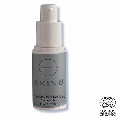 SKINØ Targeted Dark Spot Care 15ml med 1% kojicsyra – punktbehandling mot pigmentfläckar och mörka fläckar, ECOCERT COSMOS ORGANIC vegansk, vit bakgrund.