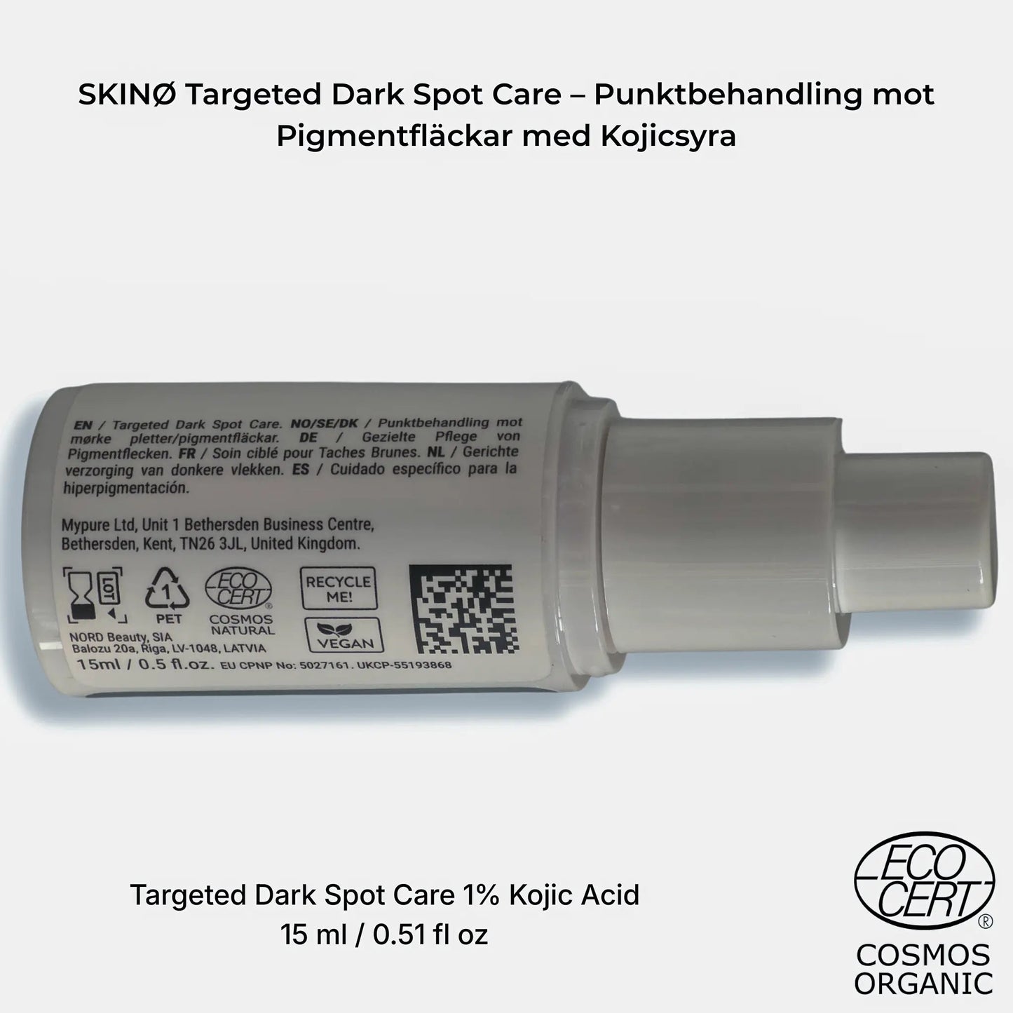 SKINØ Targeted Dark Spot Care 15ml sidovy – flerspråkig etikett med COSMOS NATURAL ECOCERT vegansk certifiering, 1% kojicsyra mot pigmentfläckar.