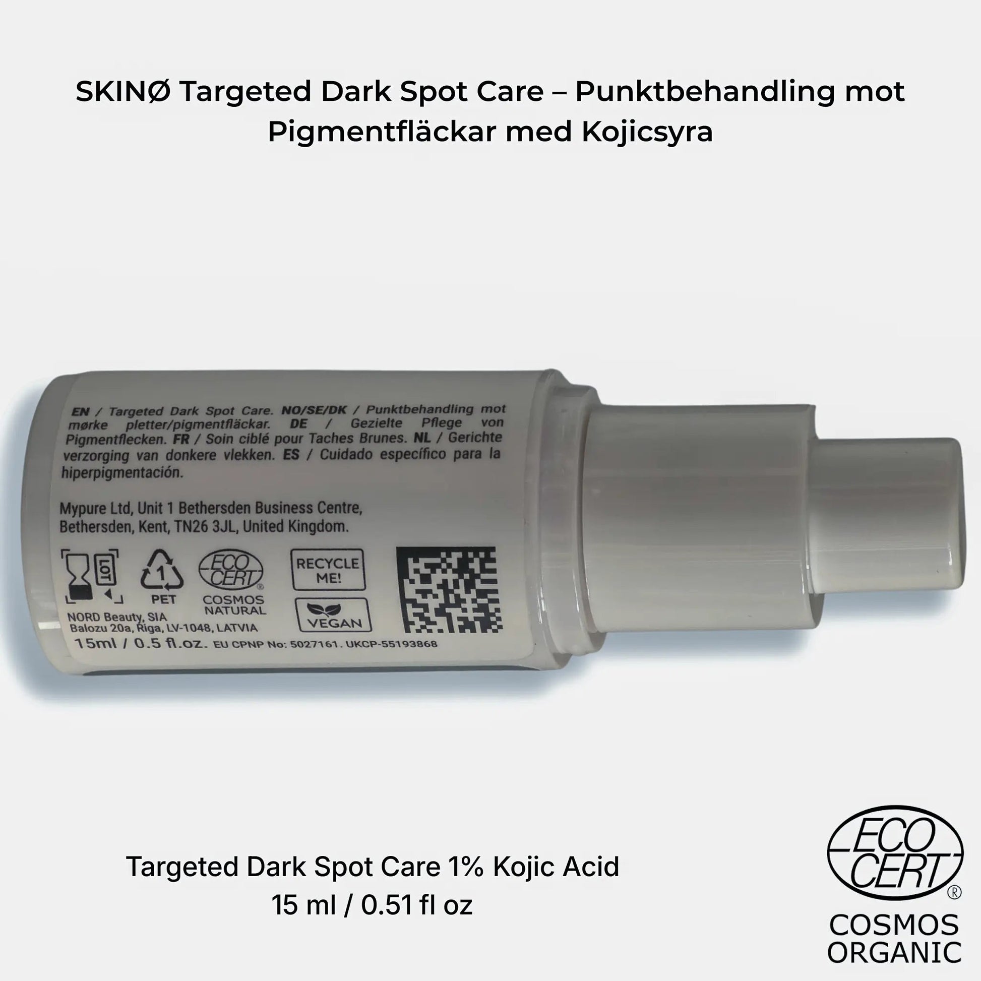 SKINØ Targeted Dark Spot Care 15ml sidovy – flerspråkig etikett med COSMOS NATURAL ECOCERT vegansk certifiering, 1% kojicsyra mot pigmentfläckar.